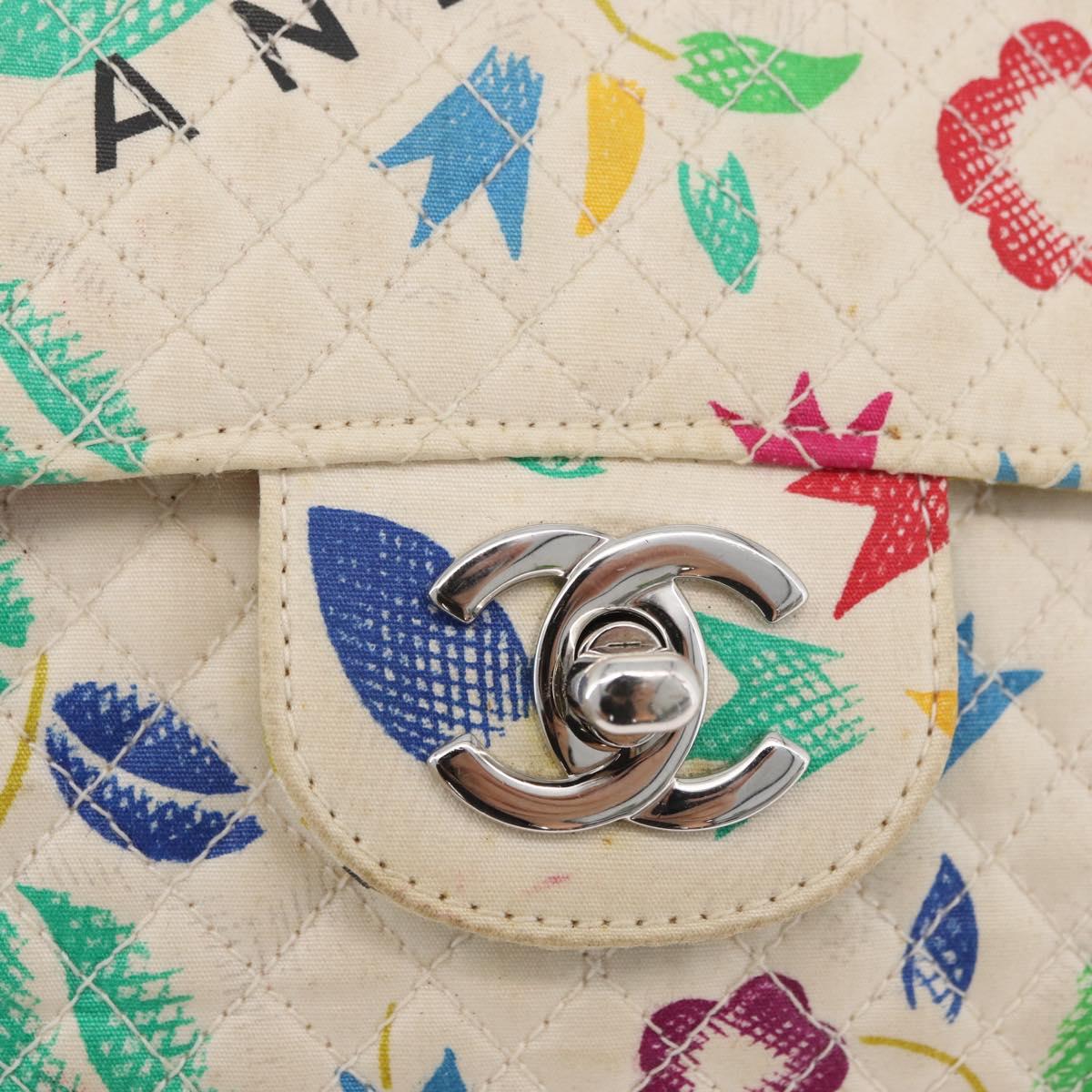 CHANEL Matelasse 26 Chain Shoulder Bag Cotton White Silver CC Auth 179872A