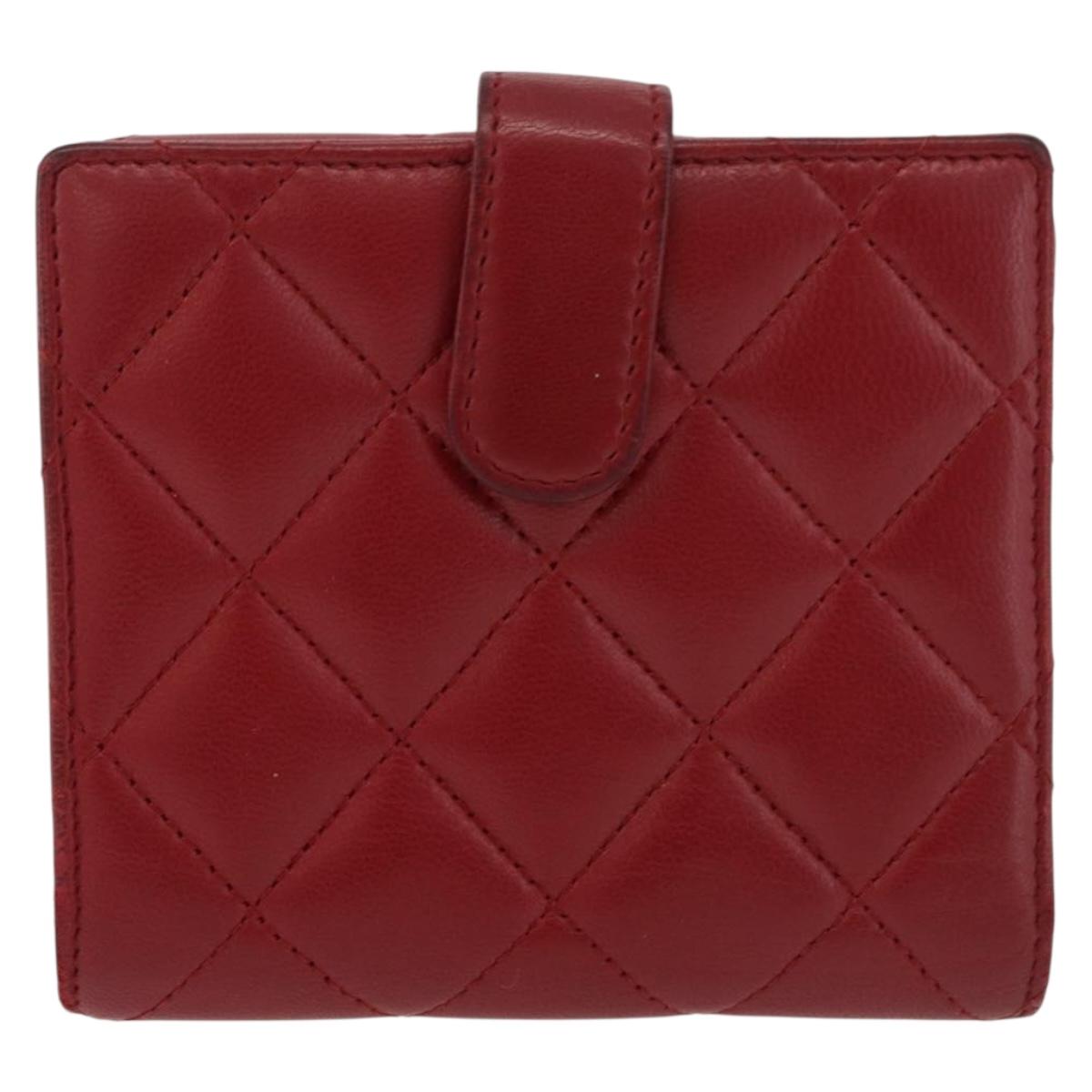 CHANEL Matelasse Compact Wallet Lamb Skin Red Silver CC Auth 179886A