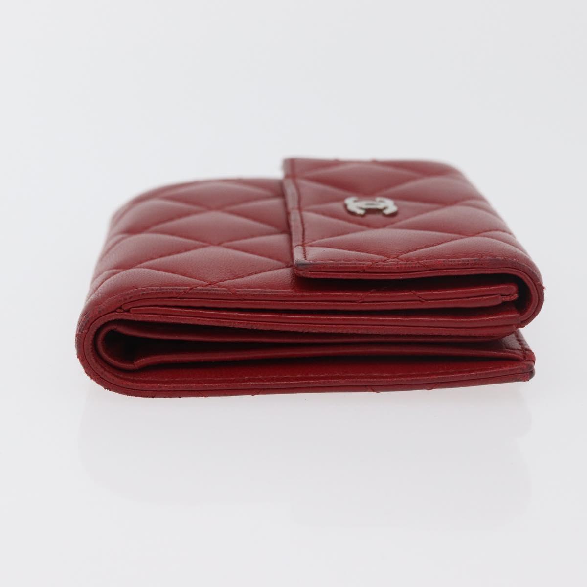 CHANEL Matelasse Compact Wallet Lamb Skin Red Silver CC Auth 179886A