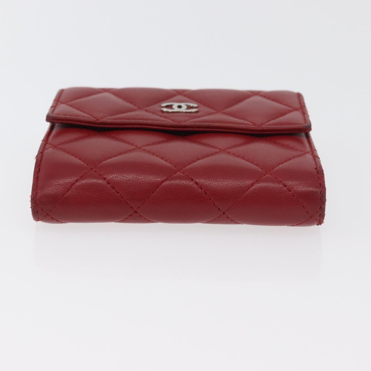 CHANEL Matelasse Compact Wallet Lamb Skin Red Silver CC Auth 179886A
