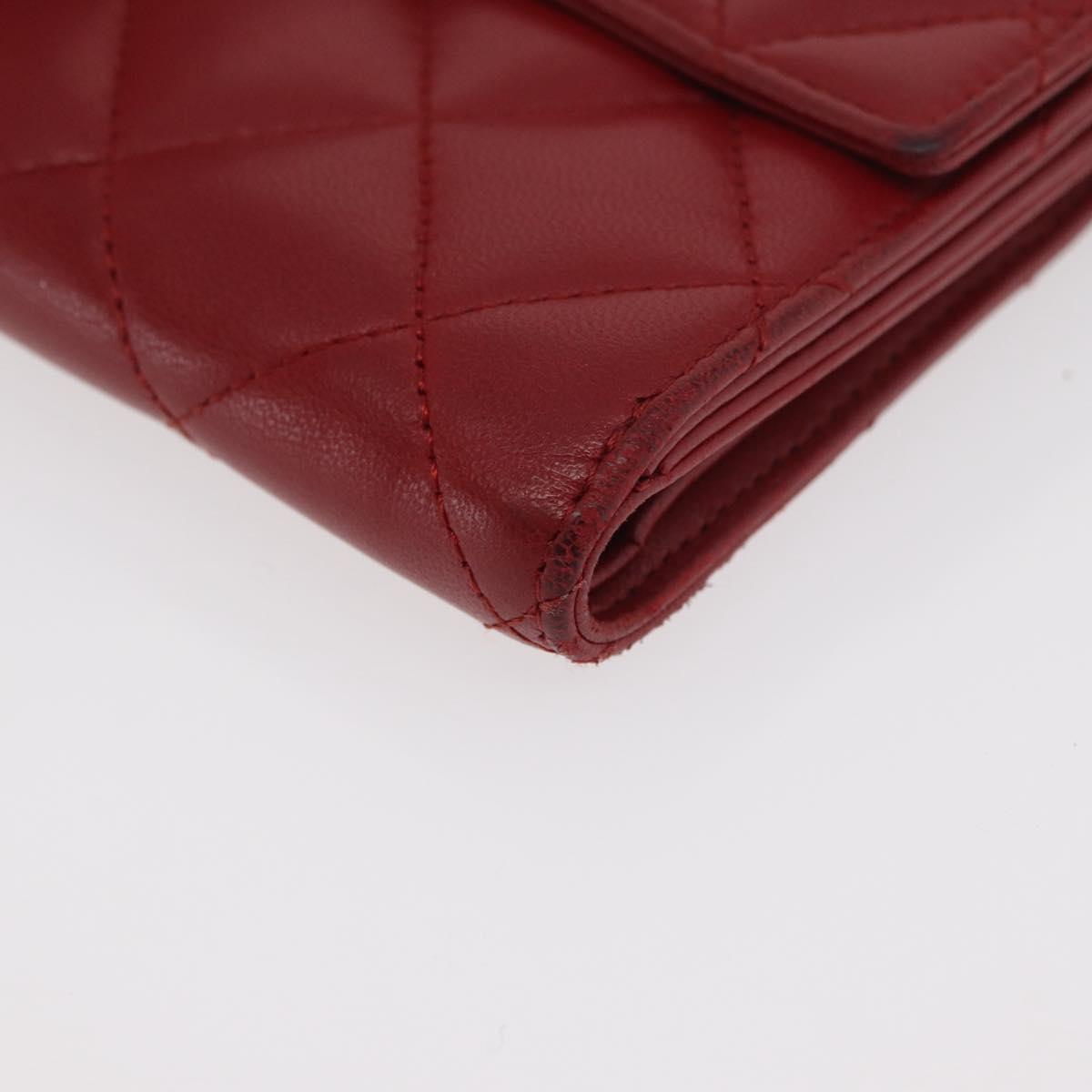 CHANEL Matelasse Compact Wallet Lamb Skin Red Silver CC Auth 179886A