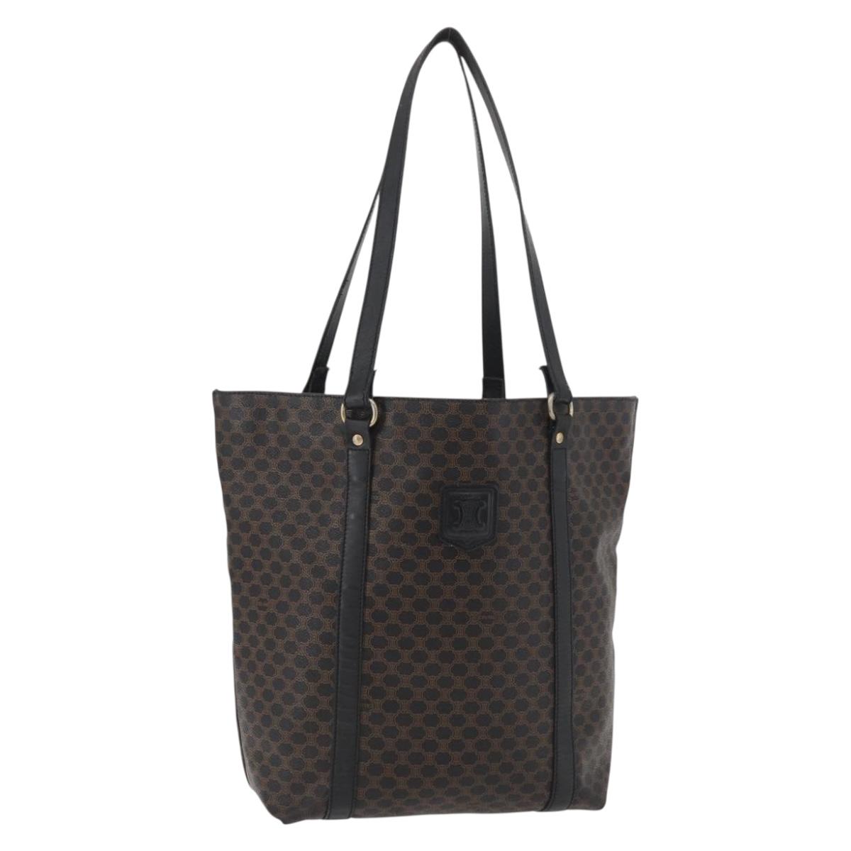 CELINE Macadam Canvas Tote Bag PVC Leather Black Gold Auth 179914
