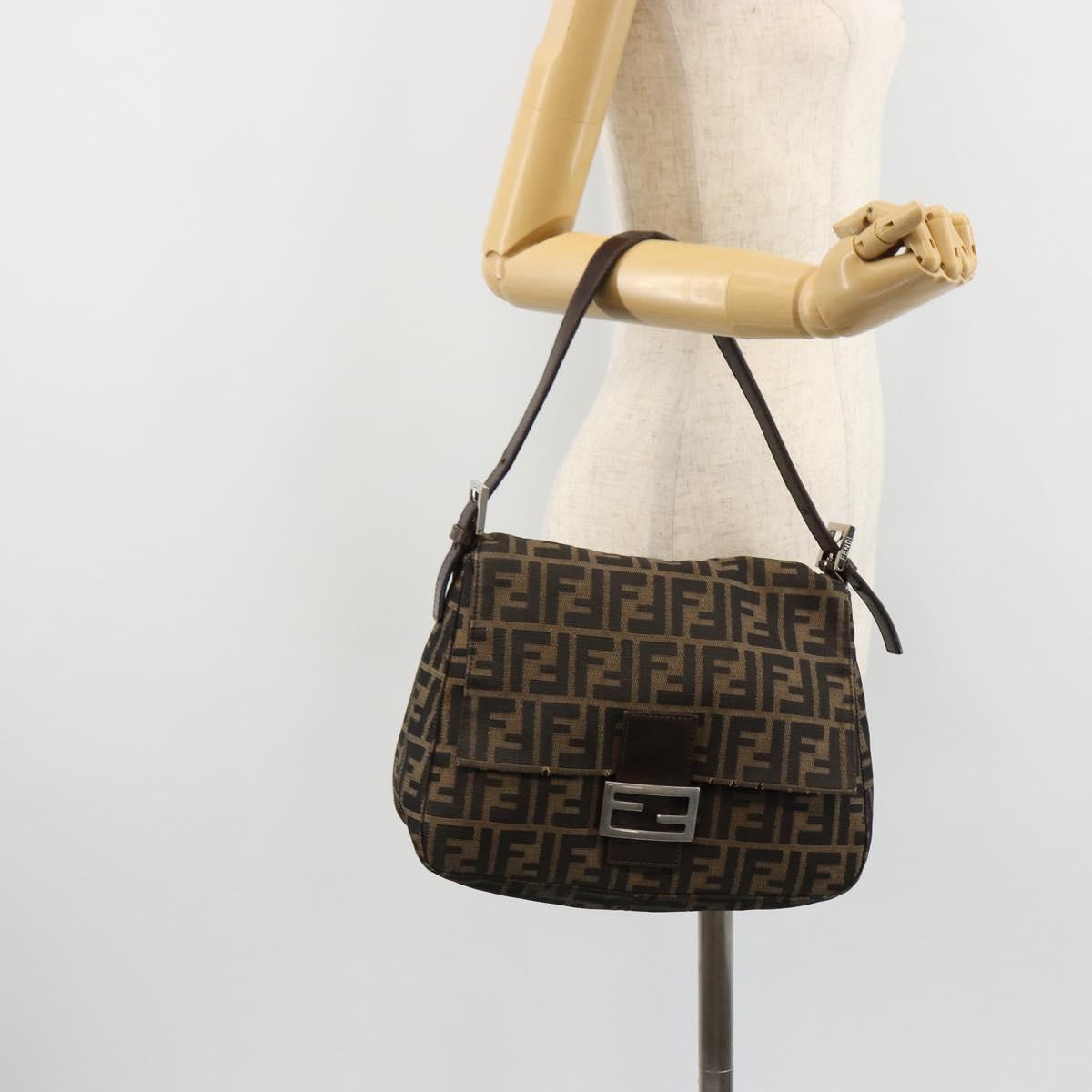 FENDI Zucca Canvas Mamma Baguette Shoulder Bag Black Brown Auth 179939A