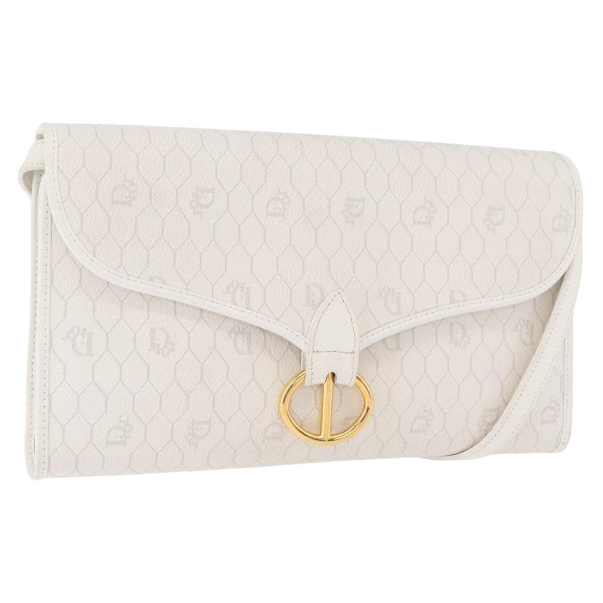 Christian Dior Honeycomb Canvas Shoulder Bag PVC White Gold Auth 179940A