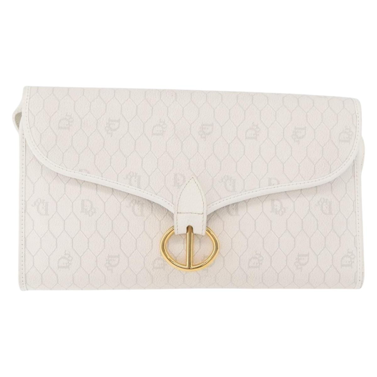 Christian Dior Honeycomb Canvas Shoulder Bag PVC White Gold Auth 179940A