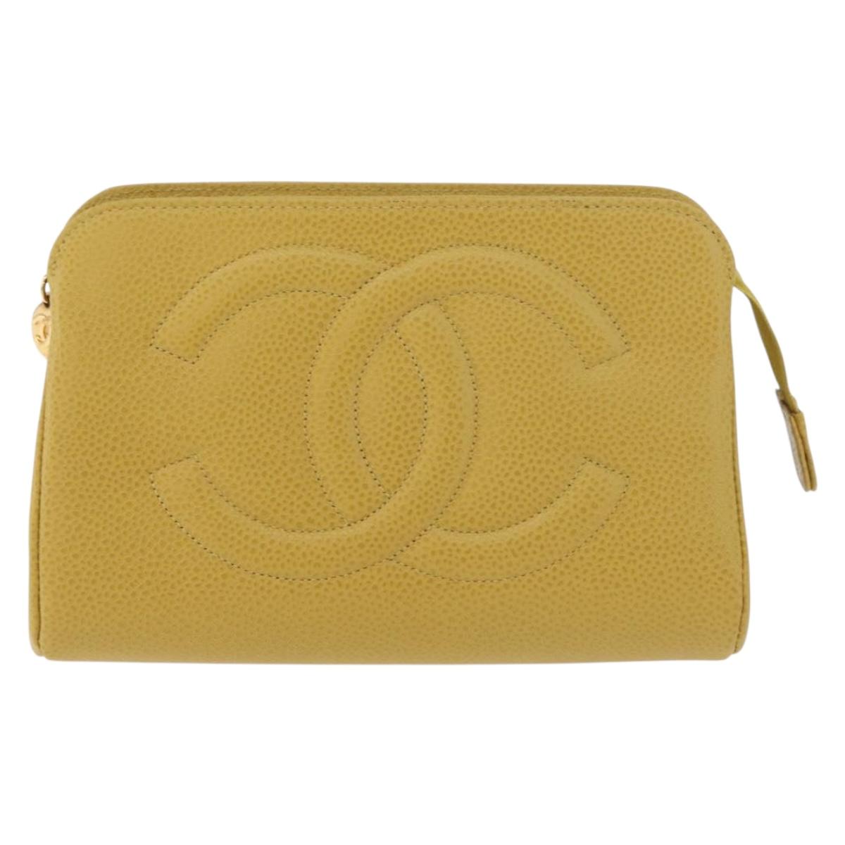 CHANEL Pouch Caviar Skin Yellow Gold CC Auth 179955