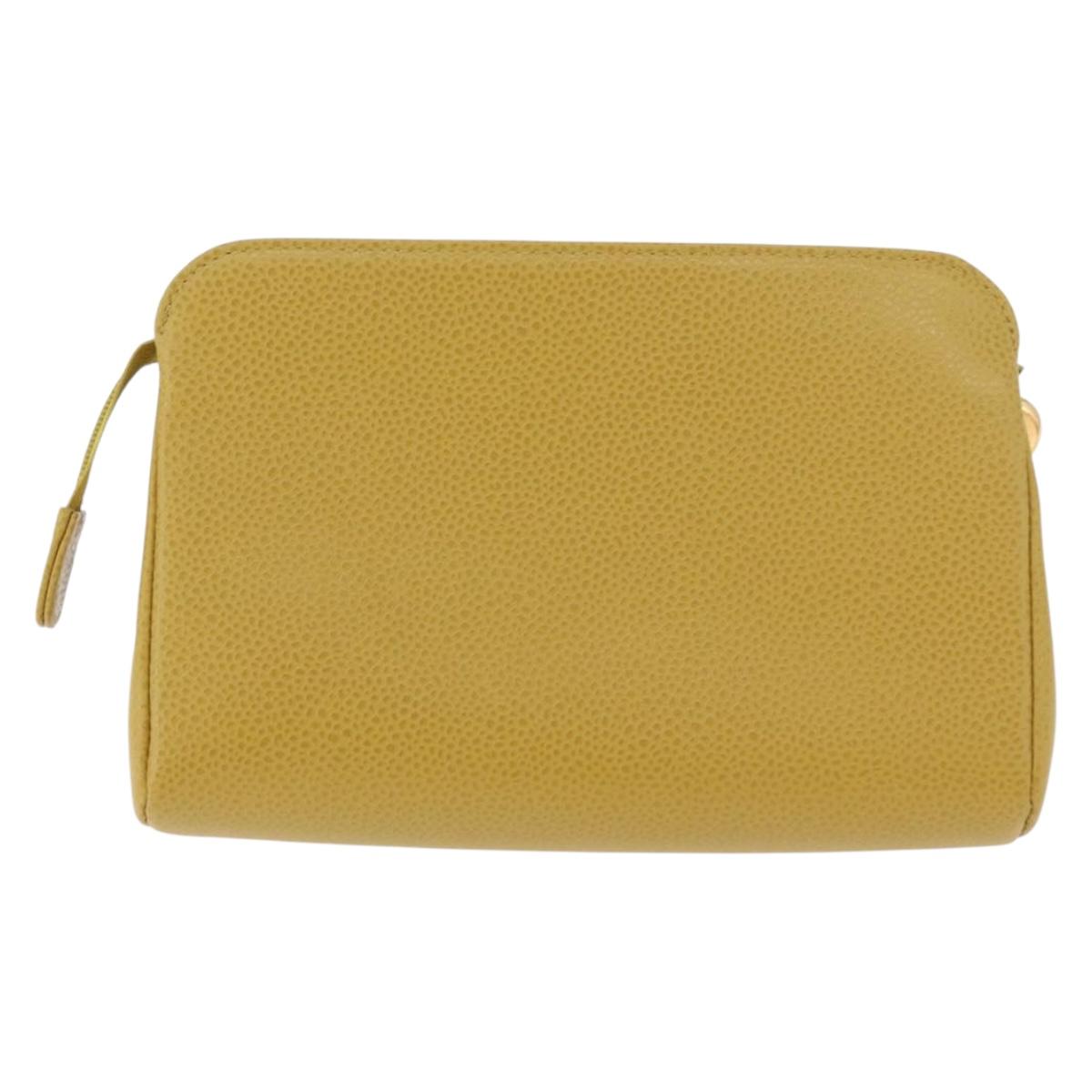 CHANEL Pouch Caviar Skin Yellow Gold CC Auth 179955