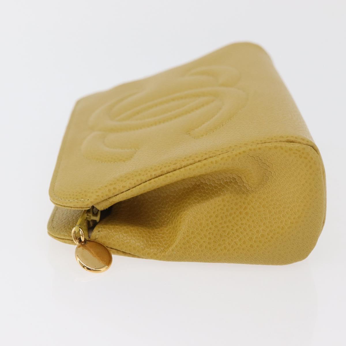 CHANEL Pouch Caviar Skin Yellow Gold CC Auth 179955