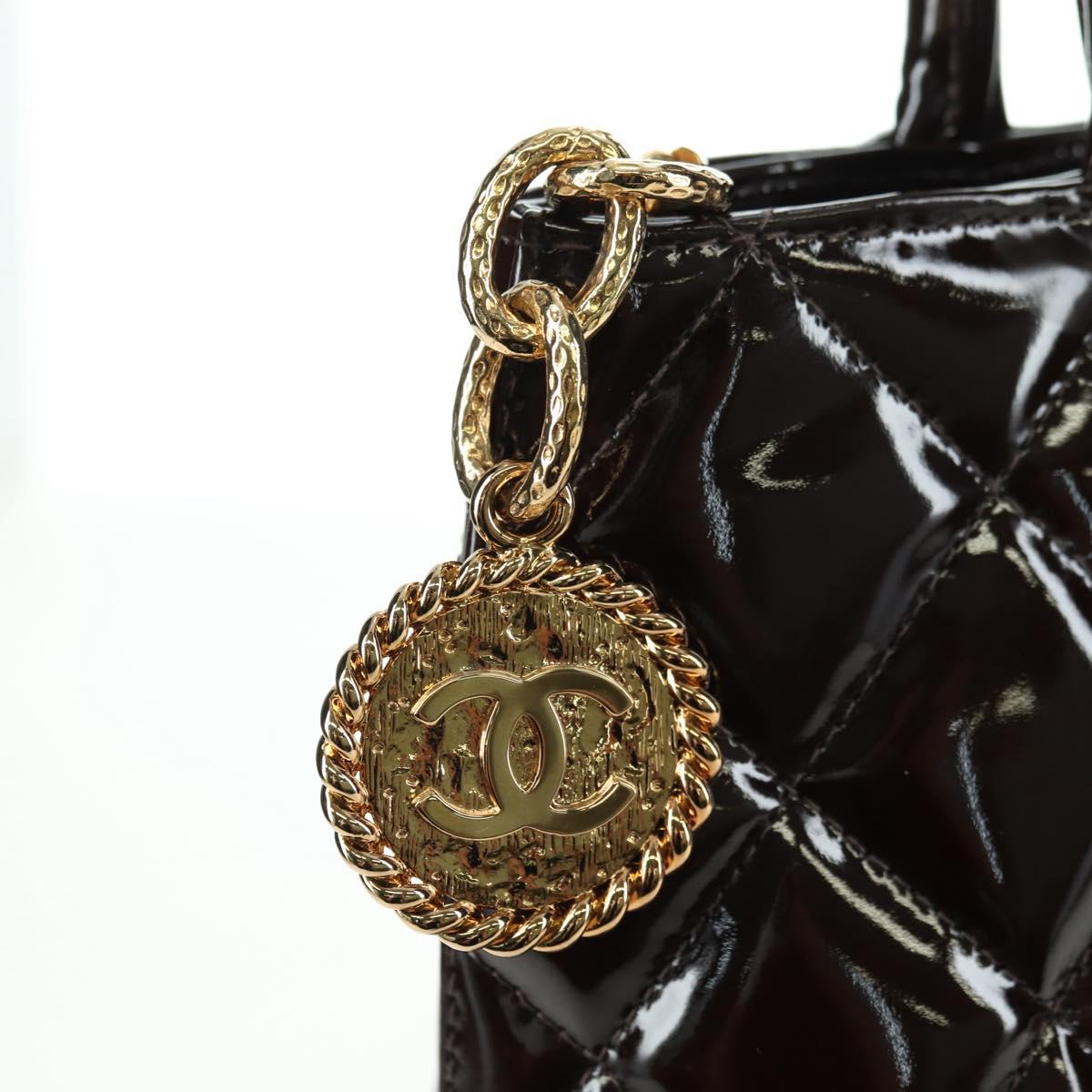 CHANEL Matelasse Reprint Tote Bag Patent leather Dark Brown Gold CC Auth 179958V