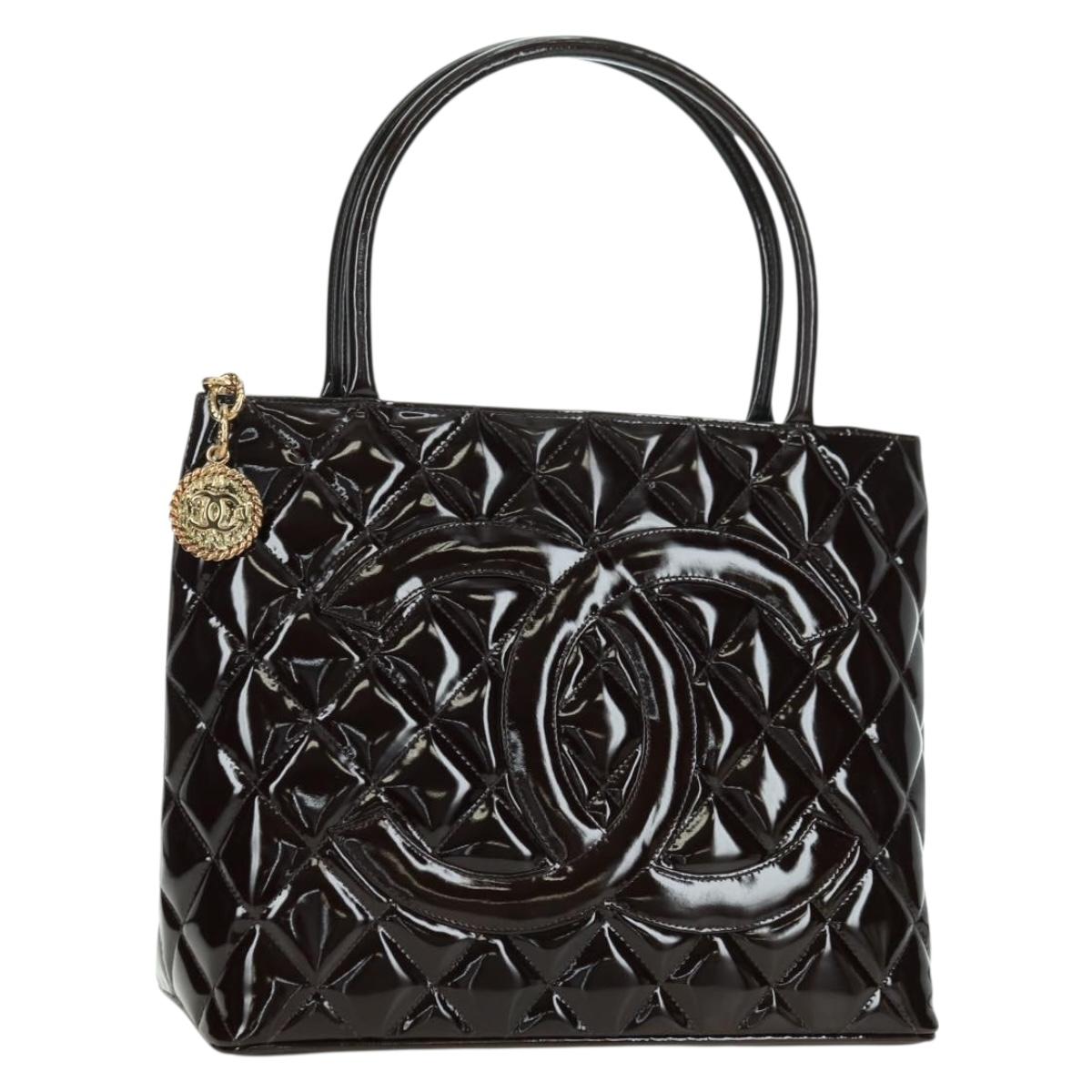 CHANEL Matelasse Reprint Tote Bag Patent leather Dark Brown Gold CC Auth 179958V