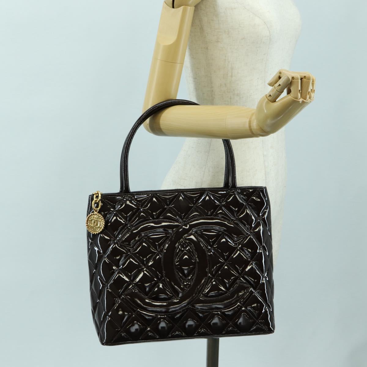 CHANEL Matelasse Reprint Tote Bag Patent leather Dark Brown Gold CC Auth 179958V
