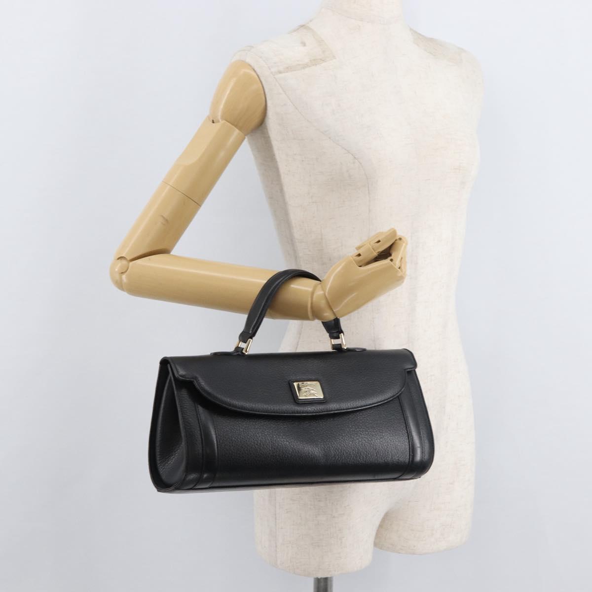 Burberrys Hand Bag Leather Black Gold Auth 179992