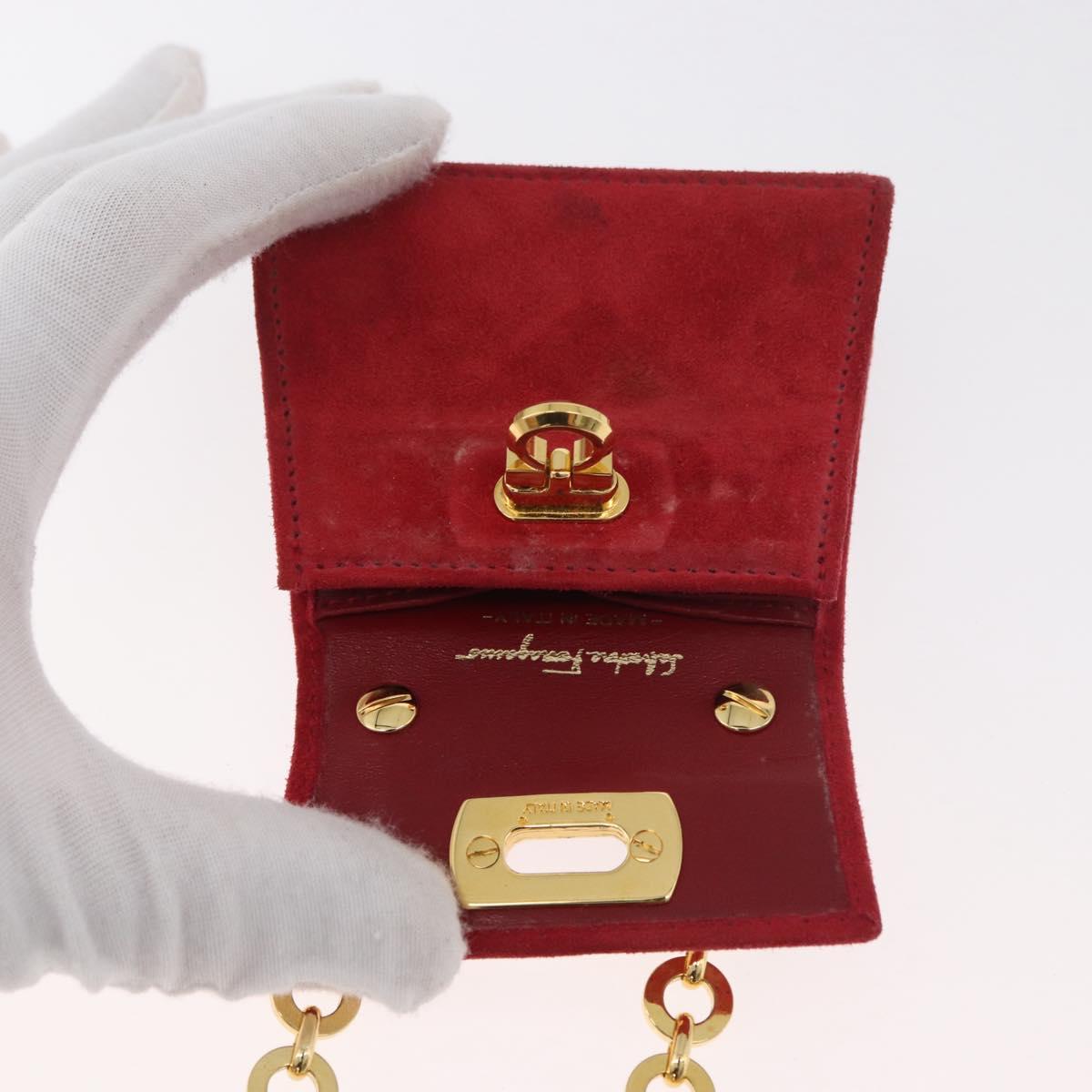 Salvatore Ferragamo Chain Gancini Shoulder Bag Suede Red Gold Auth 179999