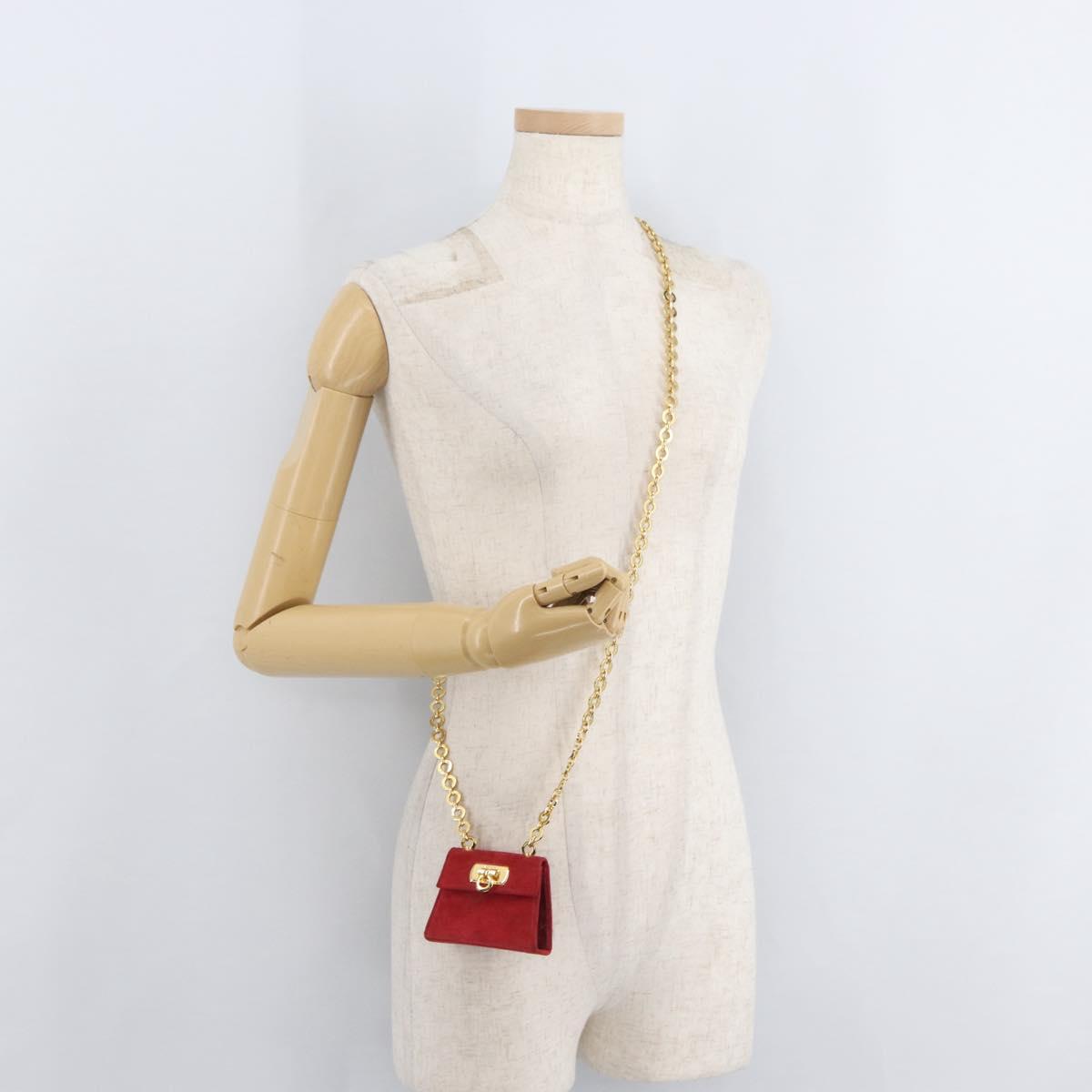 Salvatore Ferragamo Chain Gancini Shoulder Bag Suede Red Gold Auth 179999