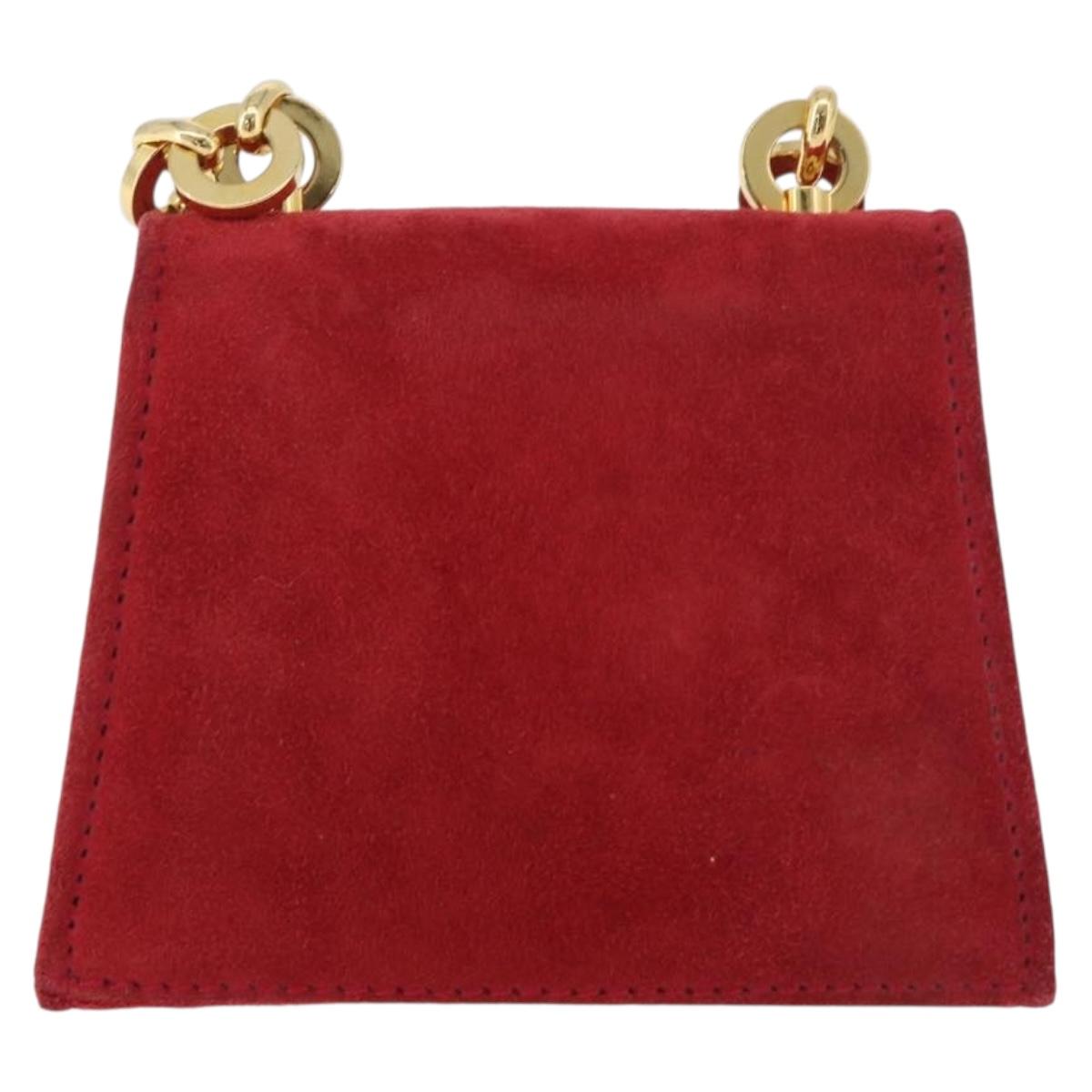 Salvatore Ferragamo Chain Gancini Shoulder Bag Suede Red Gold Auth 179999