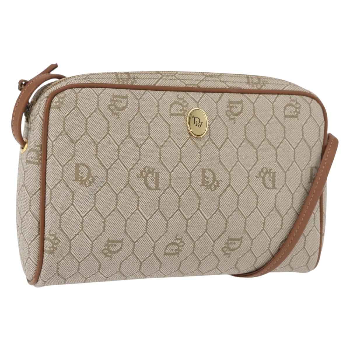 Christian Dior Honeycomb Canvas Shoulder Bag PVC Beige Gold Auth 180013A