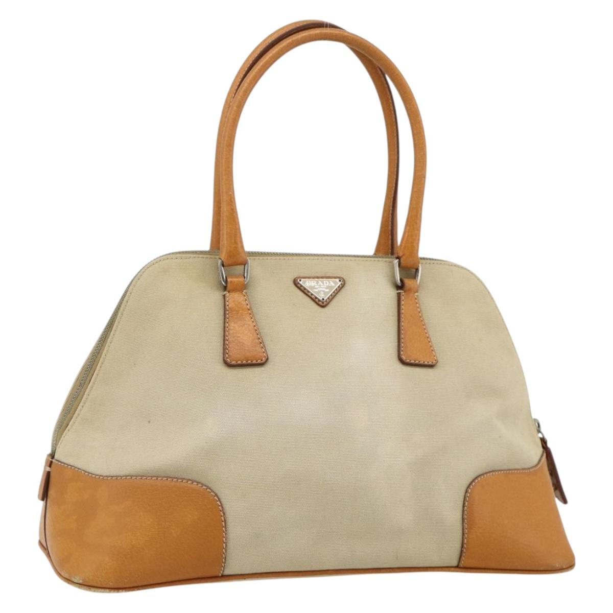 PRADA Hand Bag Canvas Beige Silver Auth 180028