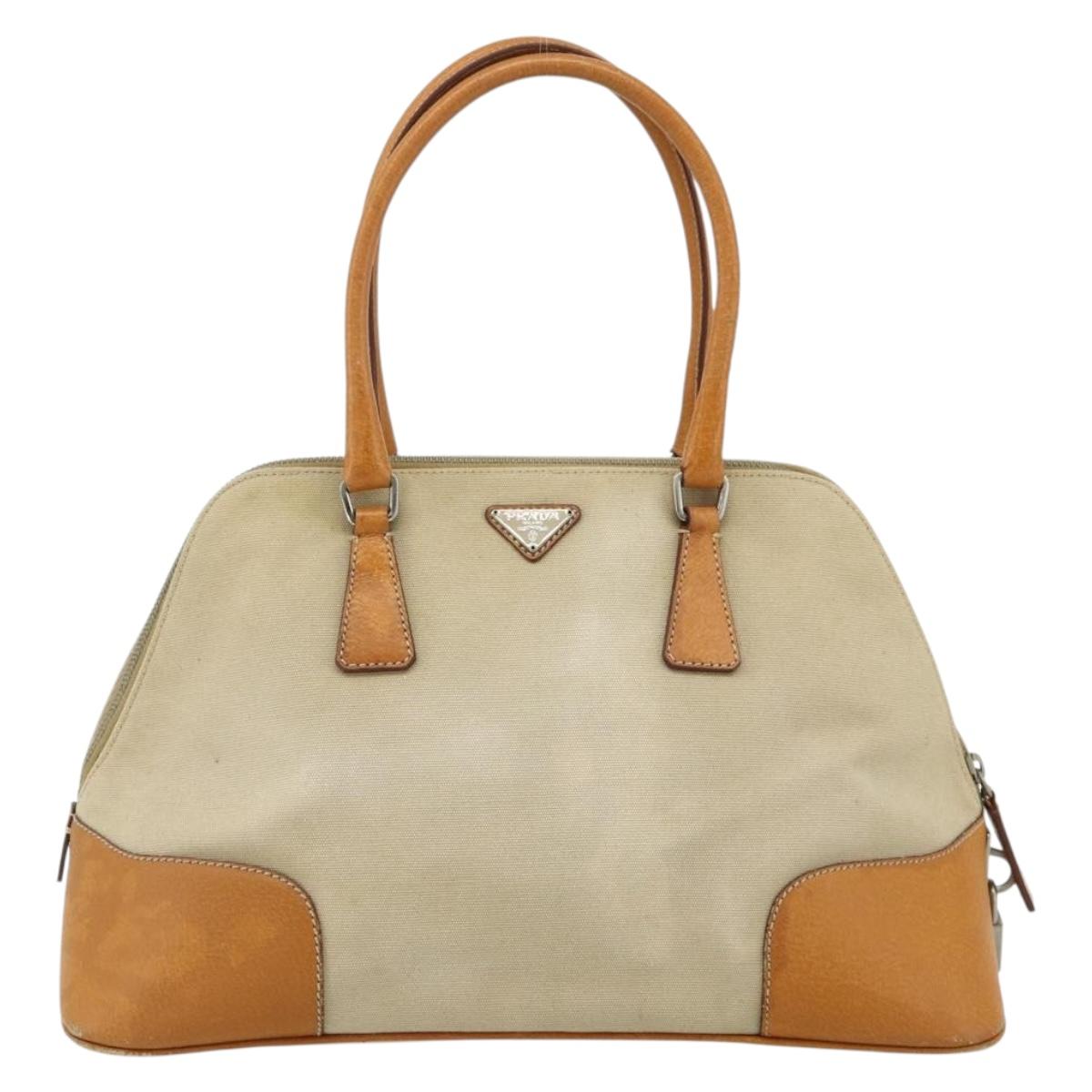 PRADA Hand Bag Canvas Beige Silver Auth 180028