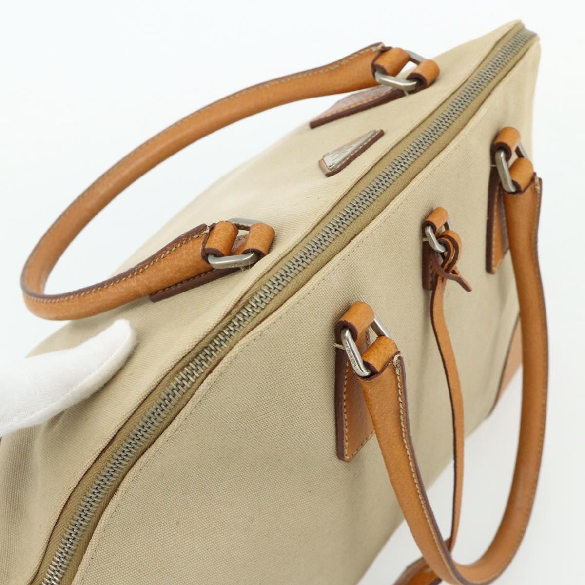 PRADA Hand Bag Canvas Beige Silver Auth 180028