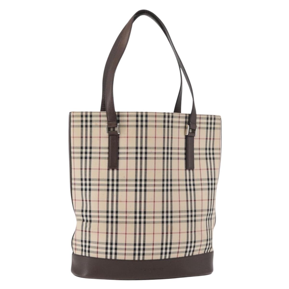 BURBERRY Nova Check Tote Bag Canvas Leather Beige Silver Auth 180030