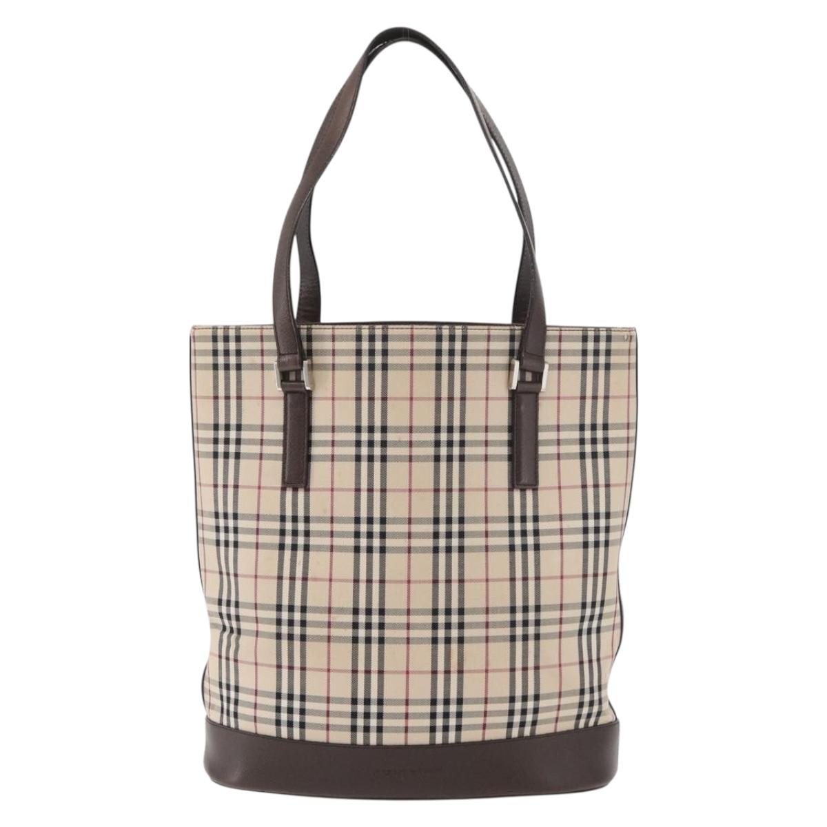 BURBERRY Nova Check Tote Bag Canvas Leather Beige Silver Auth 180030