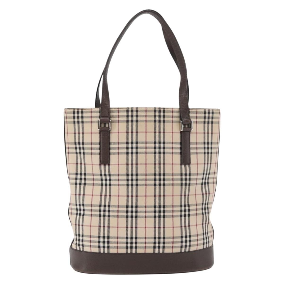 BURBERRY Nova Check Tote Bag Canvas Leather Beige Silver Auth 180030