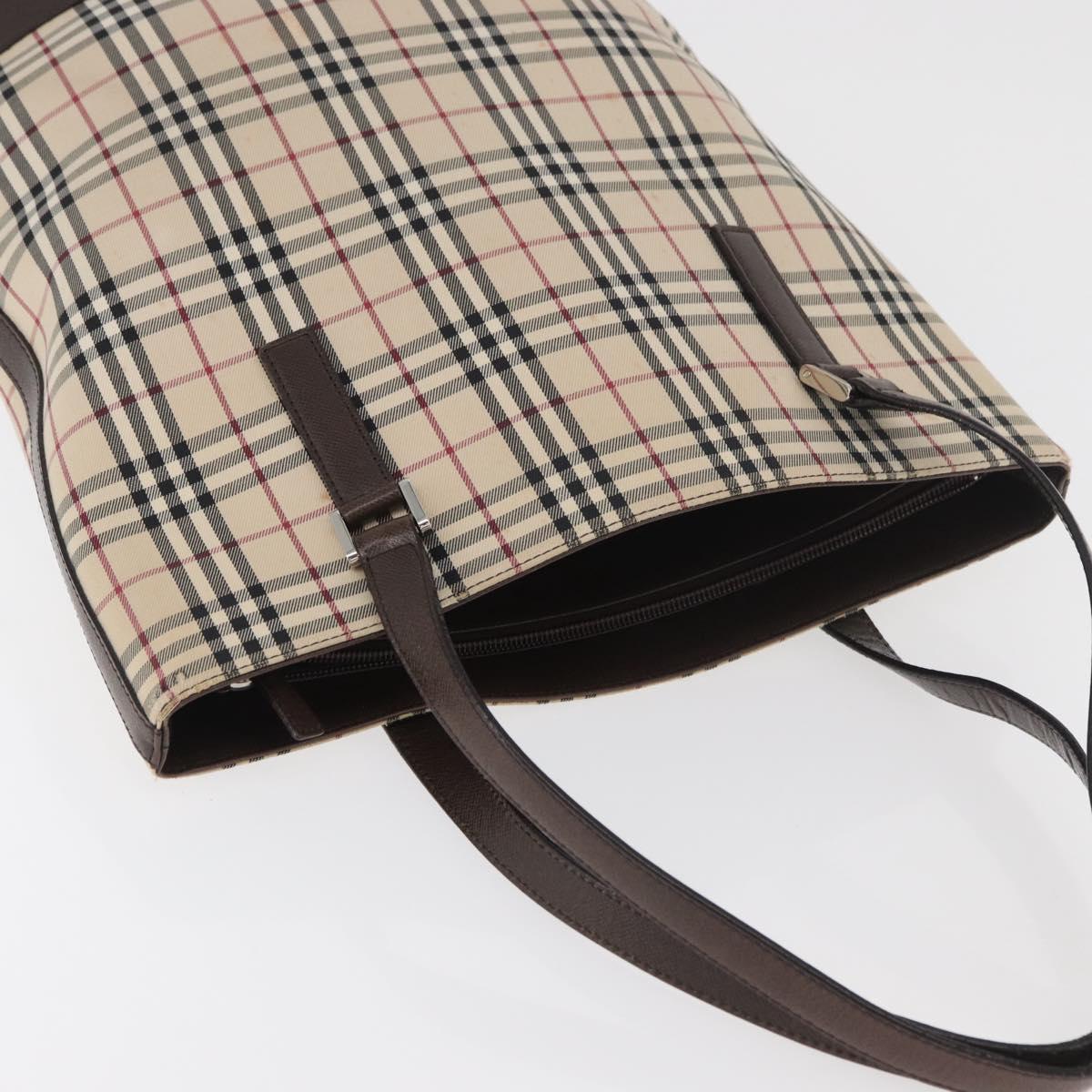 BURBERRY Nova Check Tote Bag Canvas Leather Beige Silver Auth 180030