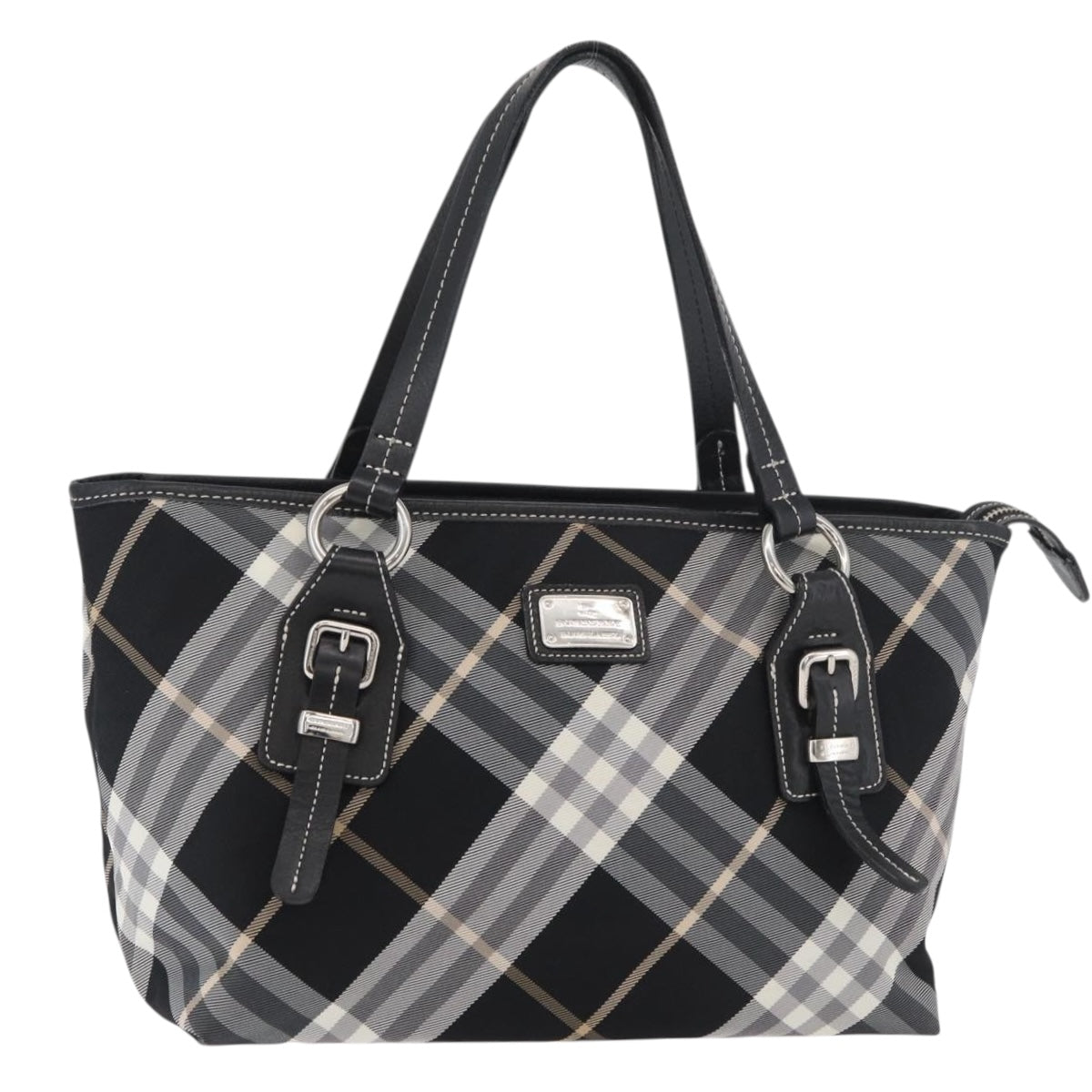 BURBERRY Nova Check Blue Label Tote Bag Nylon Black Silver Auth 180034