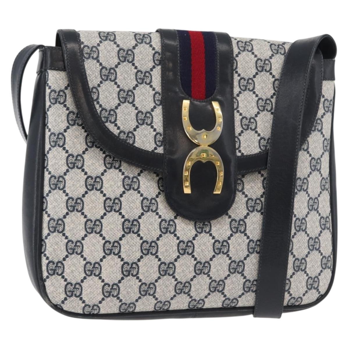 GUCCI GG Supreme Sherry Line Shoulder Bag PVC Navy Gold Auth 180037