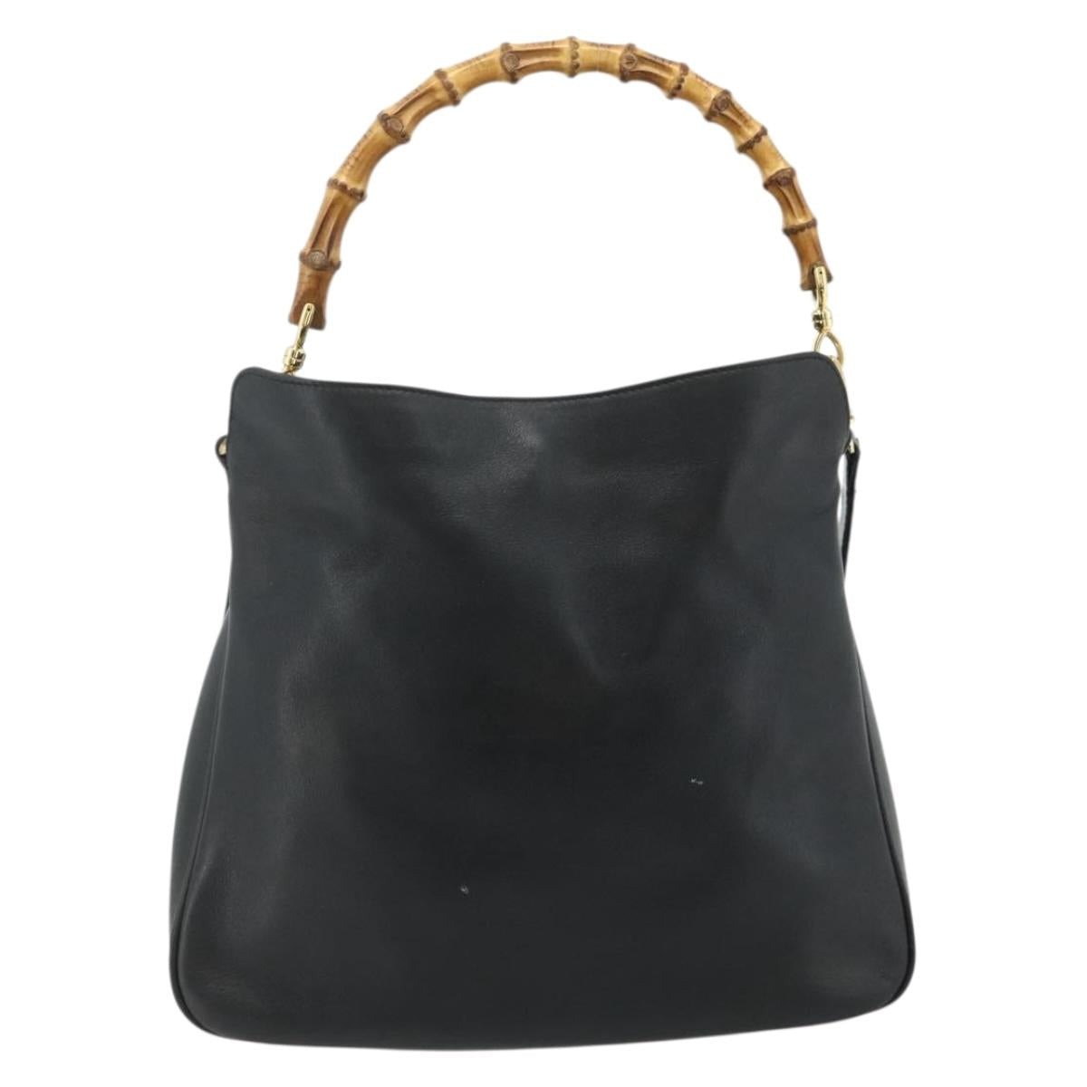 GUCCI Bamboo Shoulder Bag Leather 2way Black Gold 001 1705 1638 Auth 180041