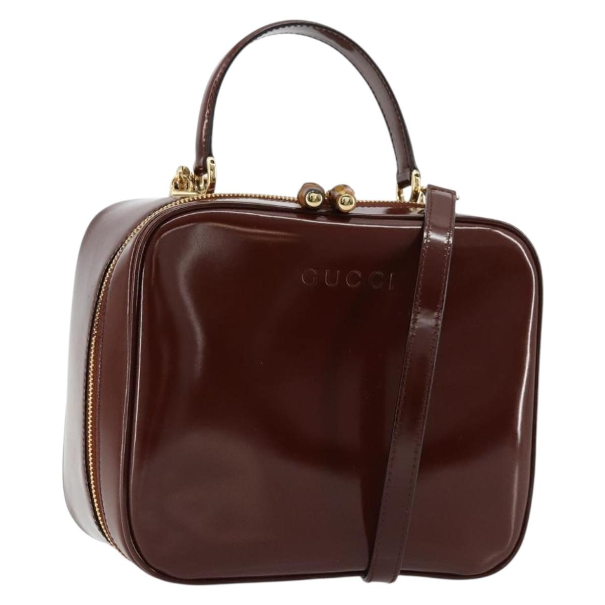 GUCCI Bamboo Vanity Hand Bag Patent leather 2way Brown Gold Auth 180051