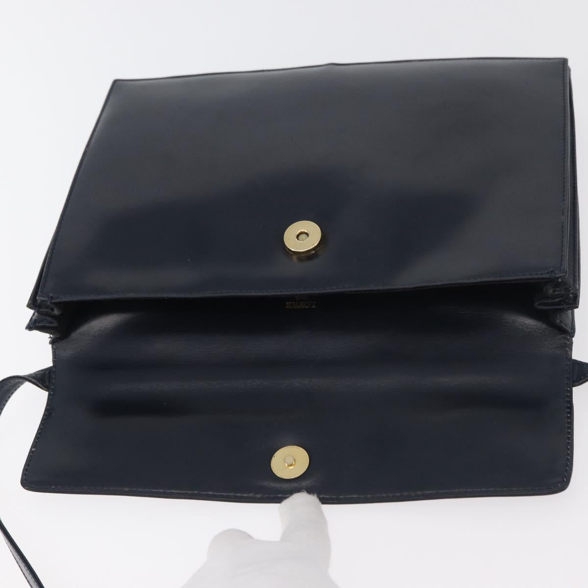 LOEWE Anagram Shoulder Bag Leather Navy Gold Auth 180071