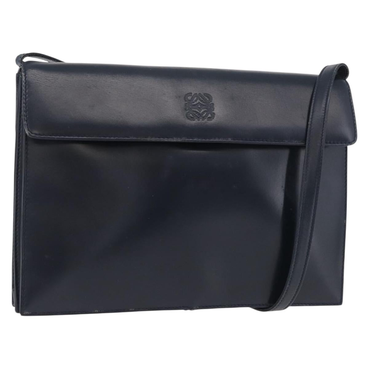 LOEWE Anagram Shoulder Bag Leather Navy Gold Auth 180071