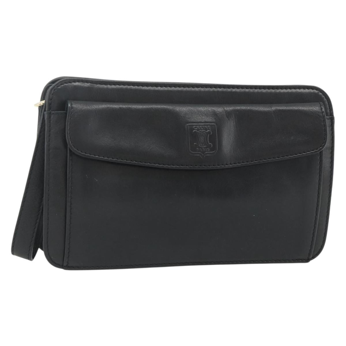 CELINE Clutch Bag Leather Black Gold Auth 180072