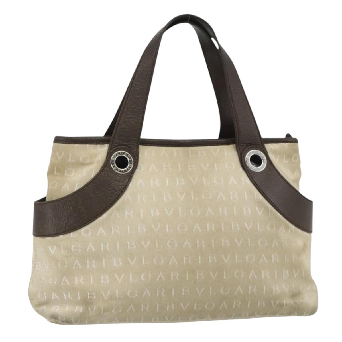 BVLGARI Logo Mania Hand Bag Canvas Beige Silver Auth 180078