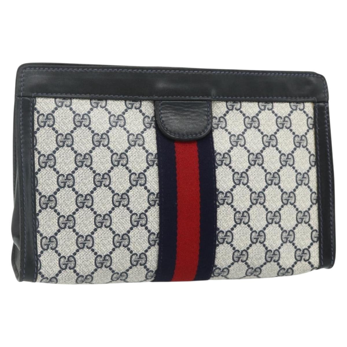 GUCCI GG Supreme Sherry Line Clutch Bag PVC Navy Red Auth 180117A