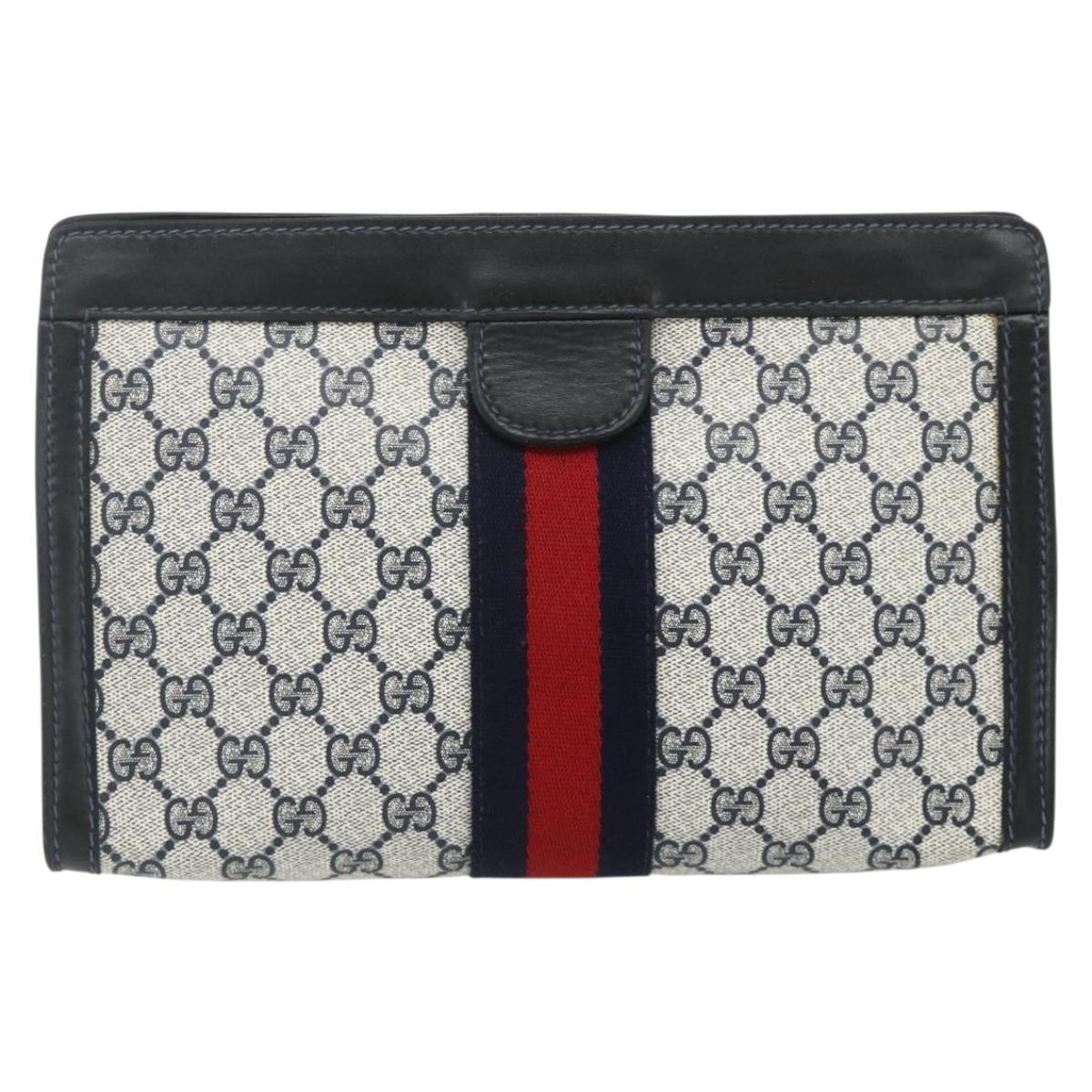 GUCCI GG Supreme Sherry Line Clutch Bag PVC Navy Red Auth 180117A