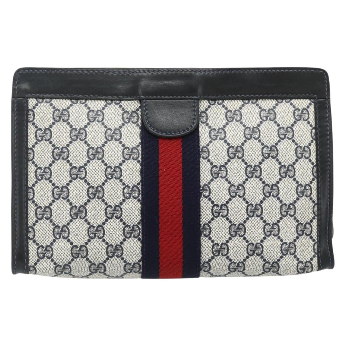 GUCCI GG Supreme Sherry Line Clutch Bag PVC Navy Red Auth 180117A
