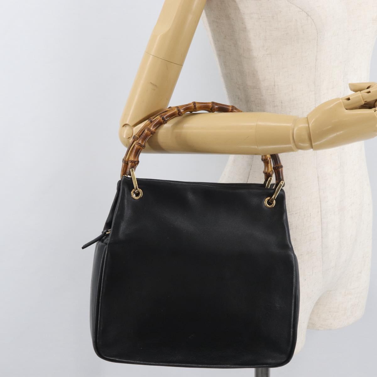 GUCCI Bamboo Hand Bag Leather Black Gold Auth 180124