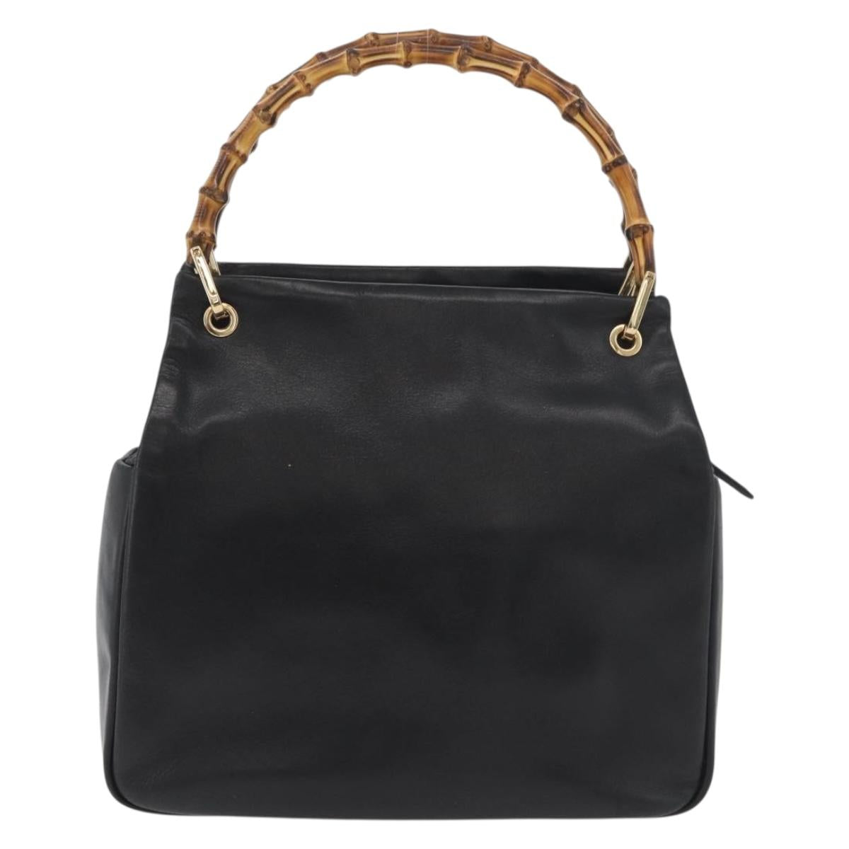 GUCCI Bamboo Hand Bag Leather Black Gold Auth 180124