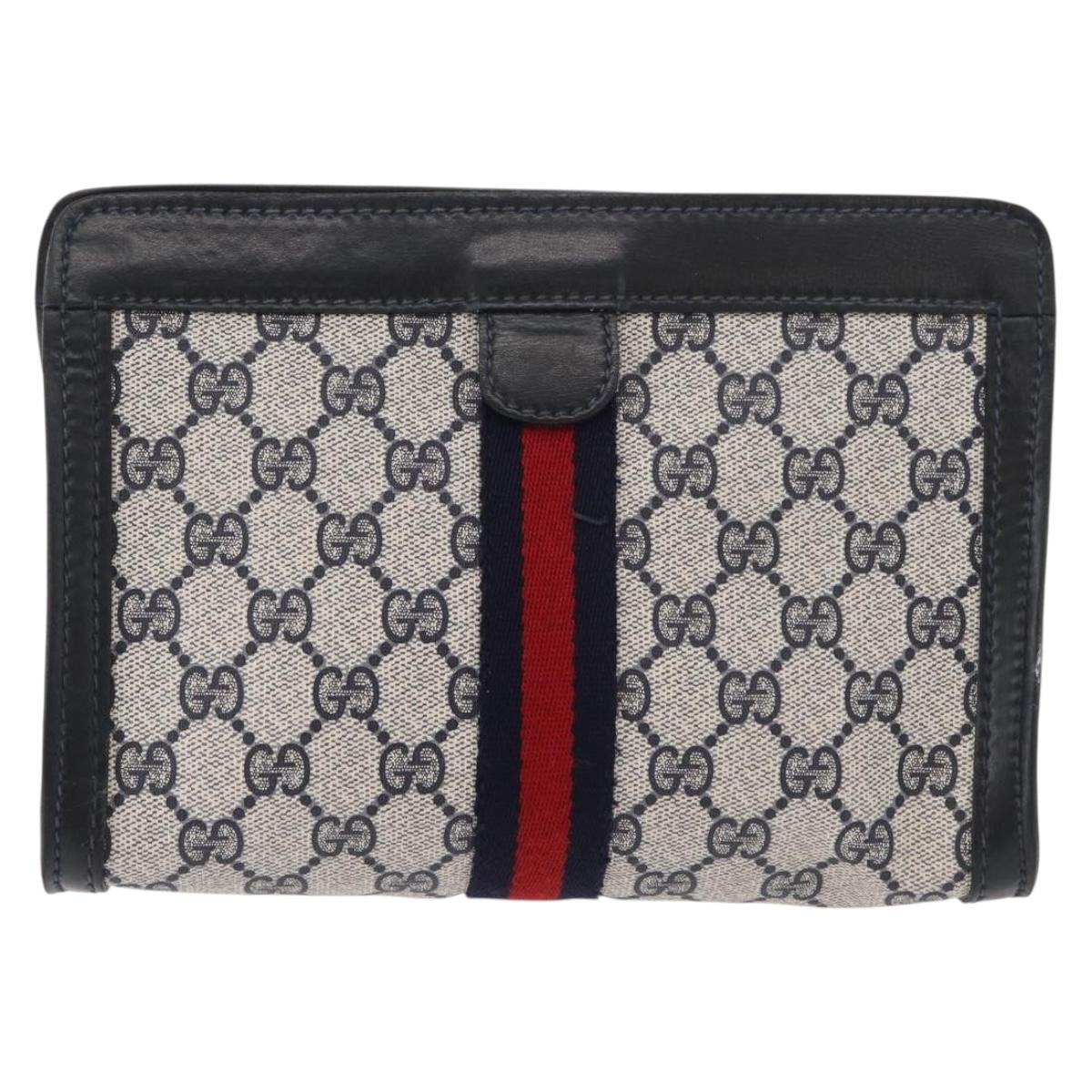 GUCCI GG Supreme Sherry Line Clutch Bag PVC Navy Red Auth 180126A