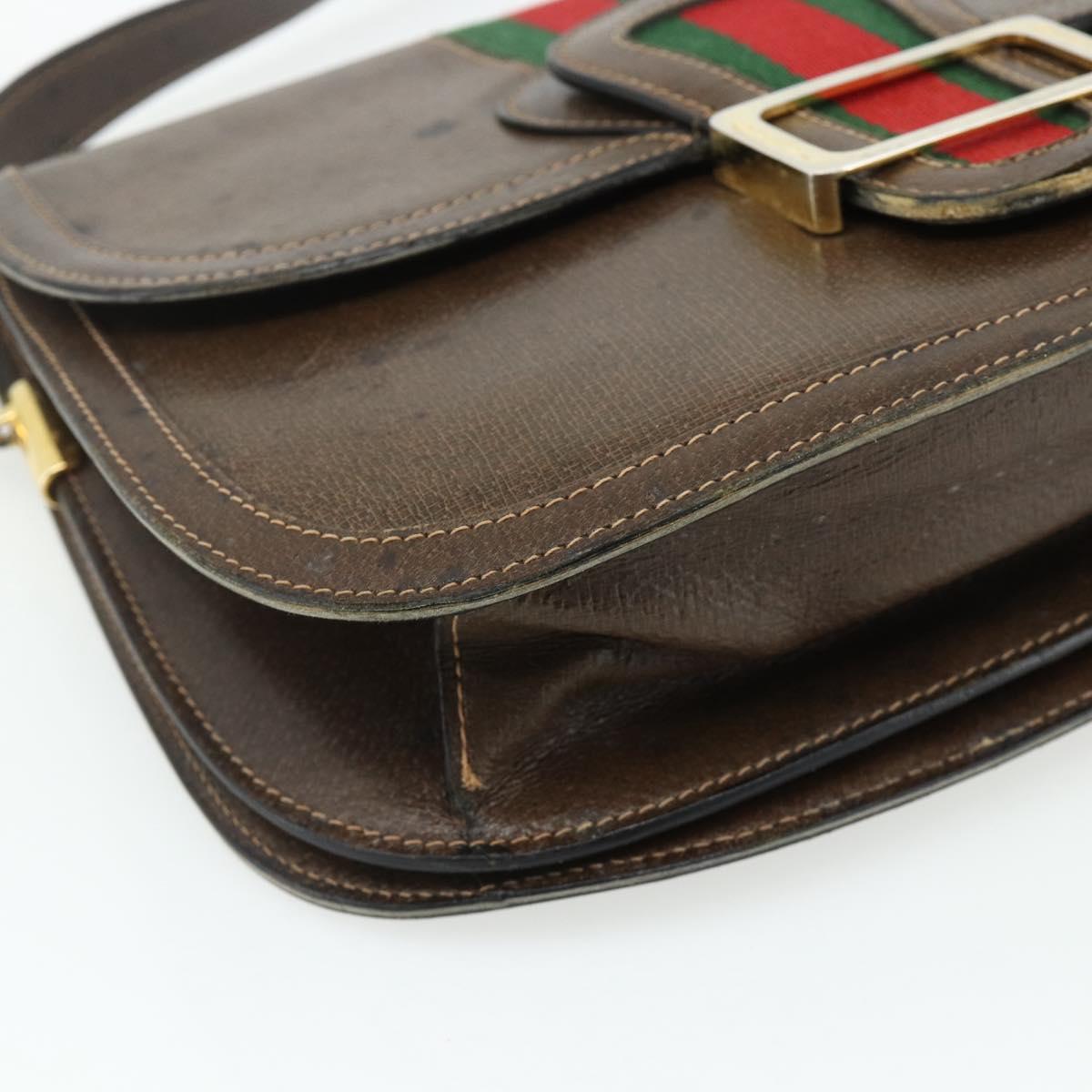 GUCCI Web Sherry Line Shoulder Bag Leather Brown Gold Red Auth 180133