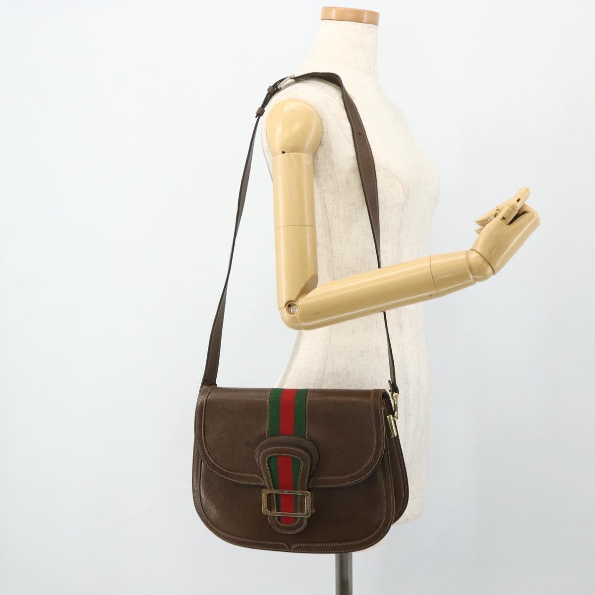 GUCCI Web Sherry Line Shoulder Bag Leather Brown Gold Red Auth 180133