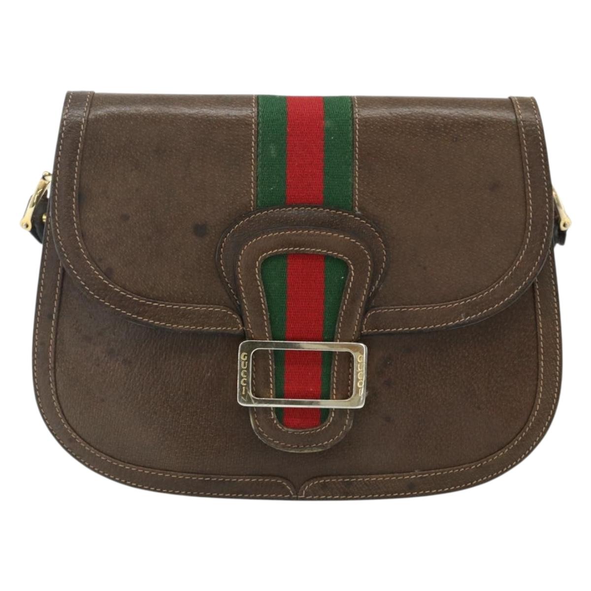 GUCCI Web Sherry Line Shoulder Bag Leather Brown Gold Red Auth 180133