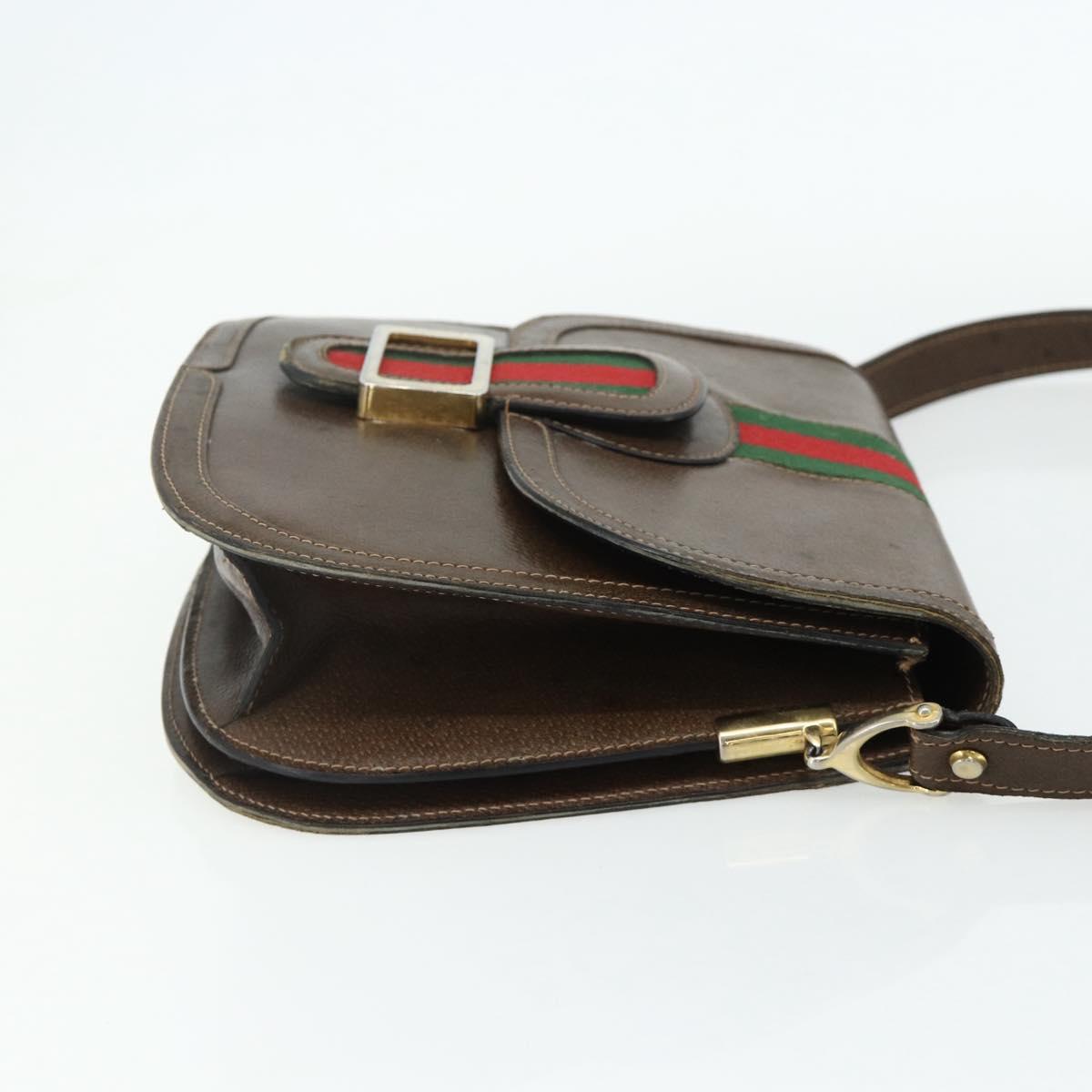 GUCCI Web Sherry Line Shoulder Bag Leather Brown Gold Red Auth 180133