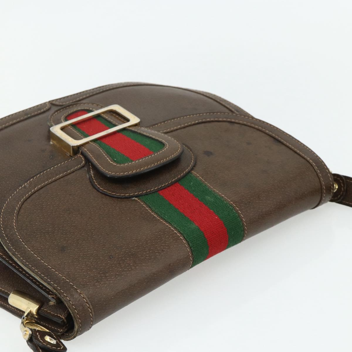 GUCCI Web Sherry Line Shoulder Bag Leather Brown Gold Red Auth 180133
