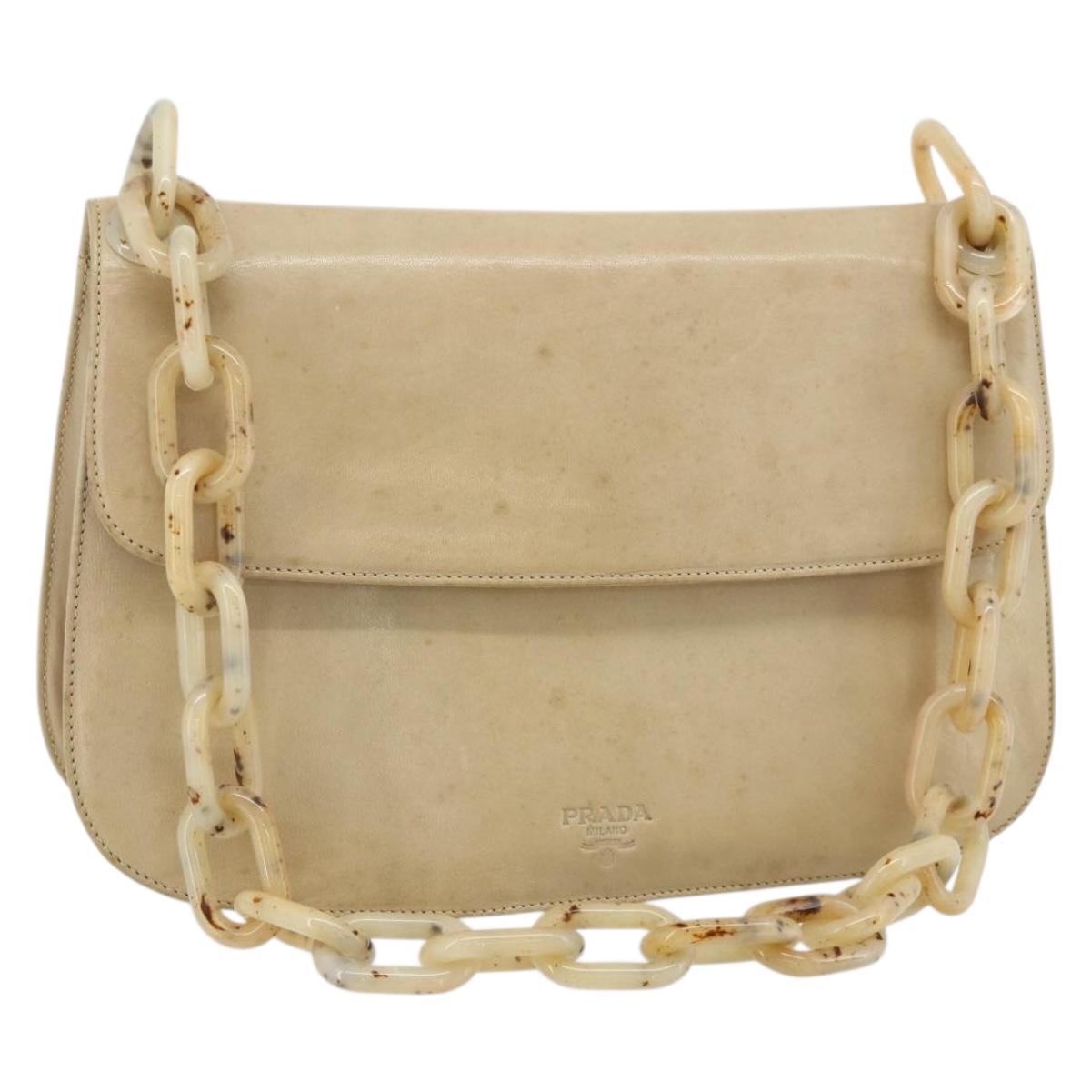 PRADA Chain Shoulder Bag Leather Beige Silver Auth 180139