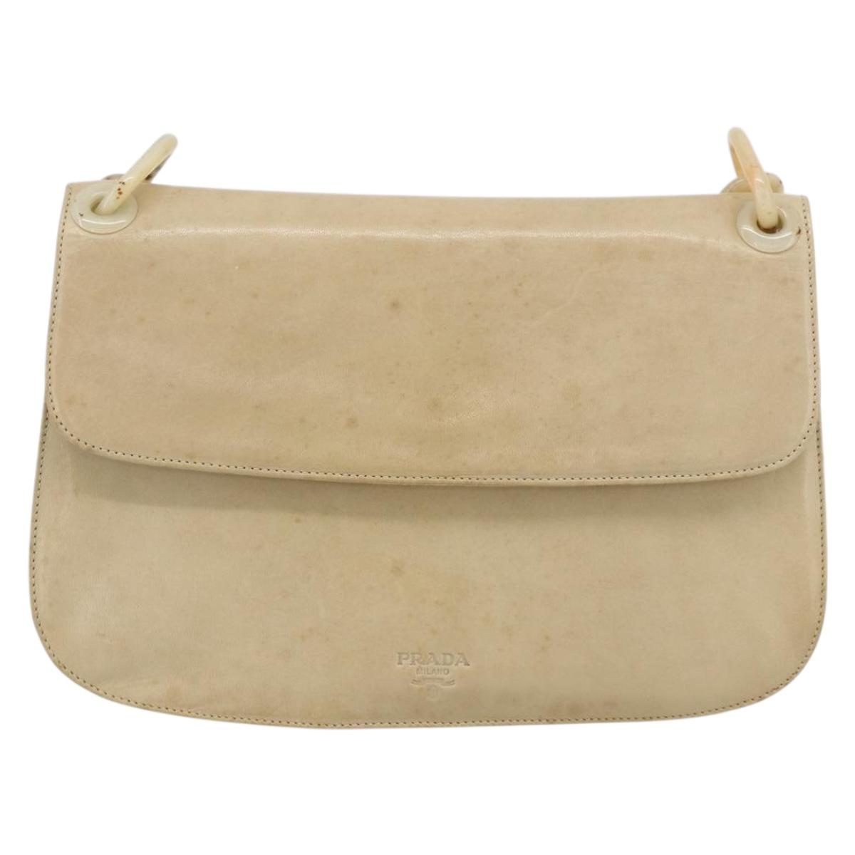 PRADA Chain Shoulder Bag Leather Beige Silver Auth 180139