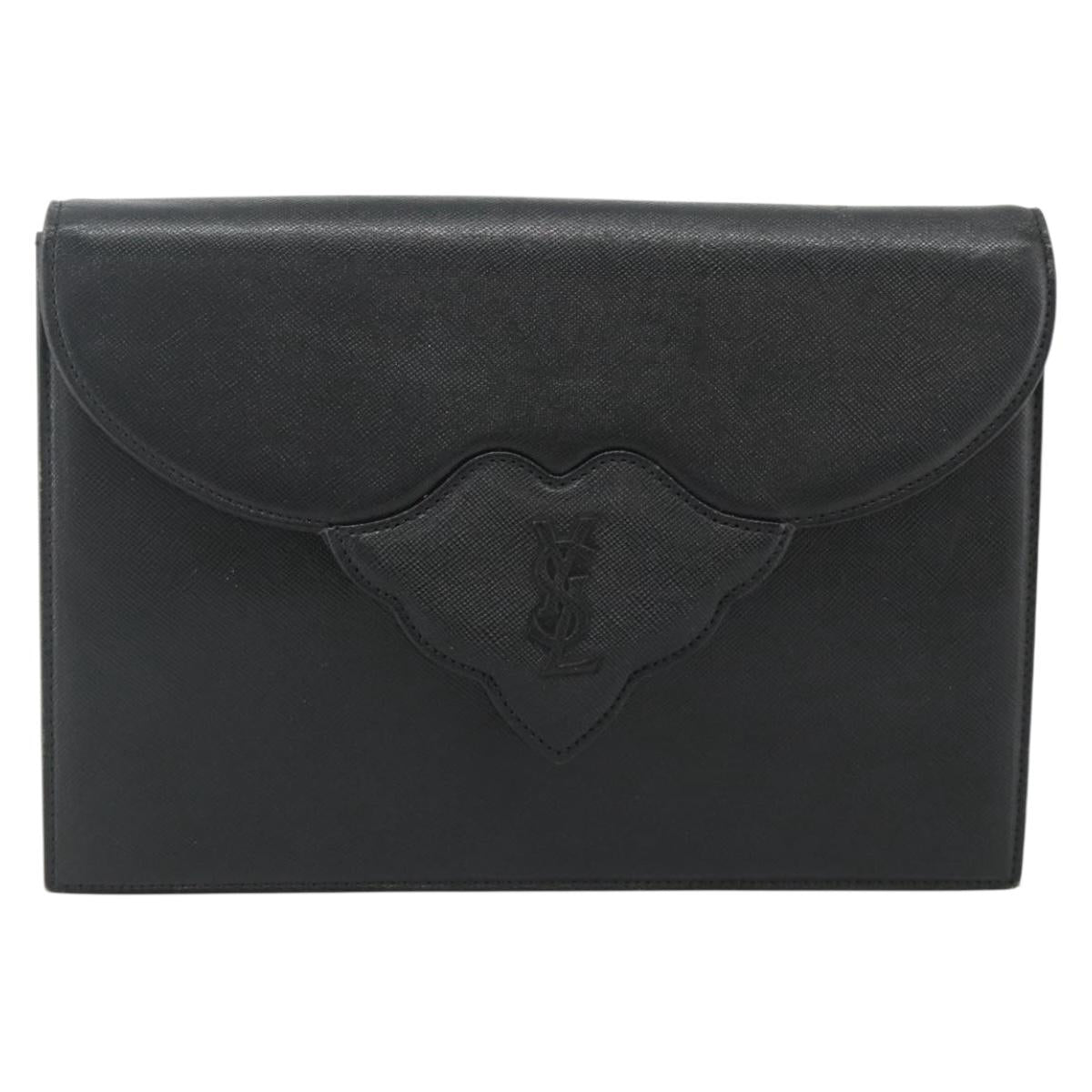 SAINT LAURENT Clutch Bag Leather Black Gold Auth 180142