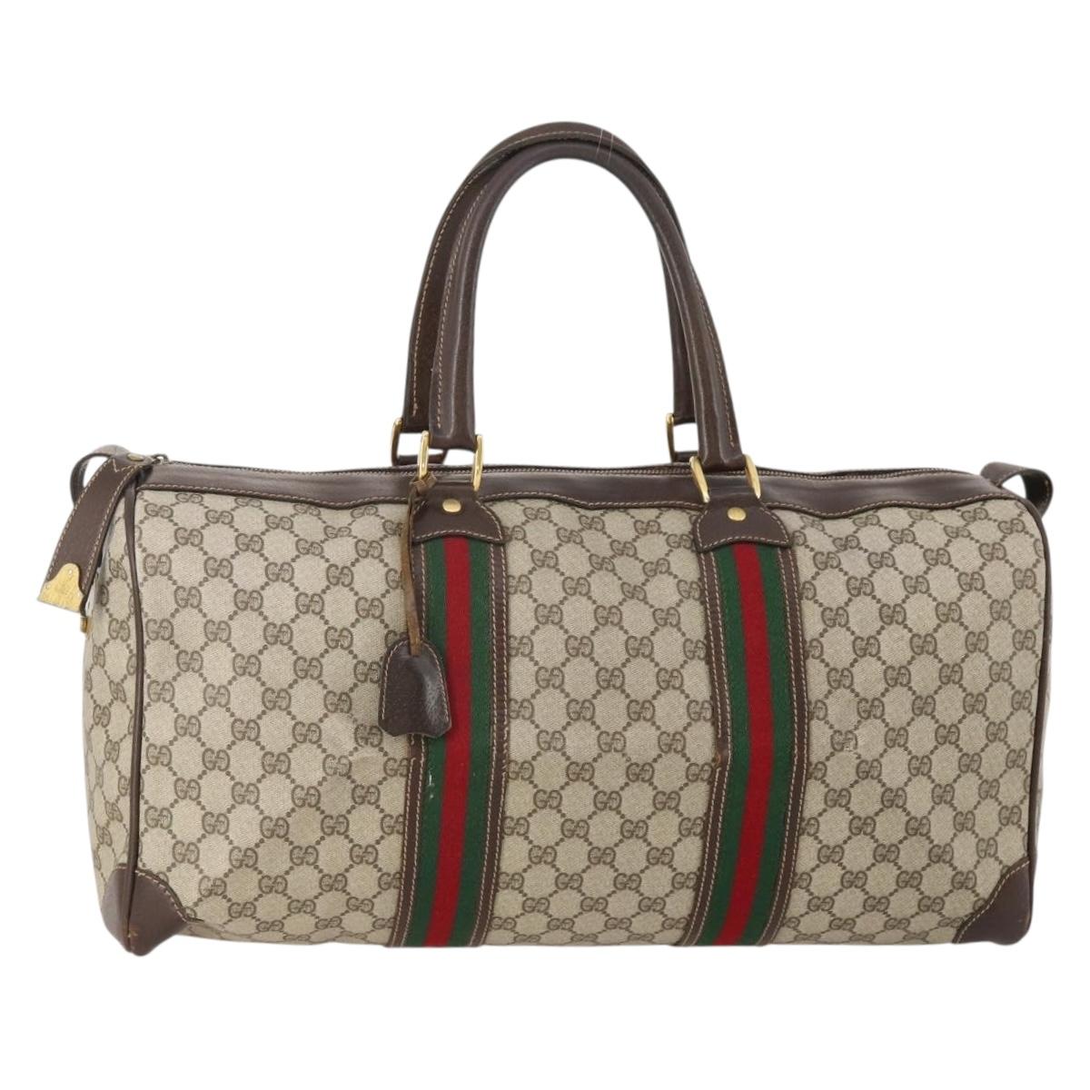 GUCCI GG Supreme Web Sherry Line Boston Bag PVC Beige Red Auth 180146